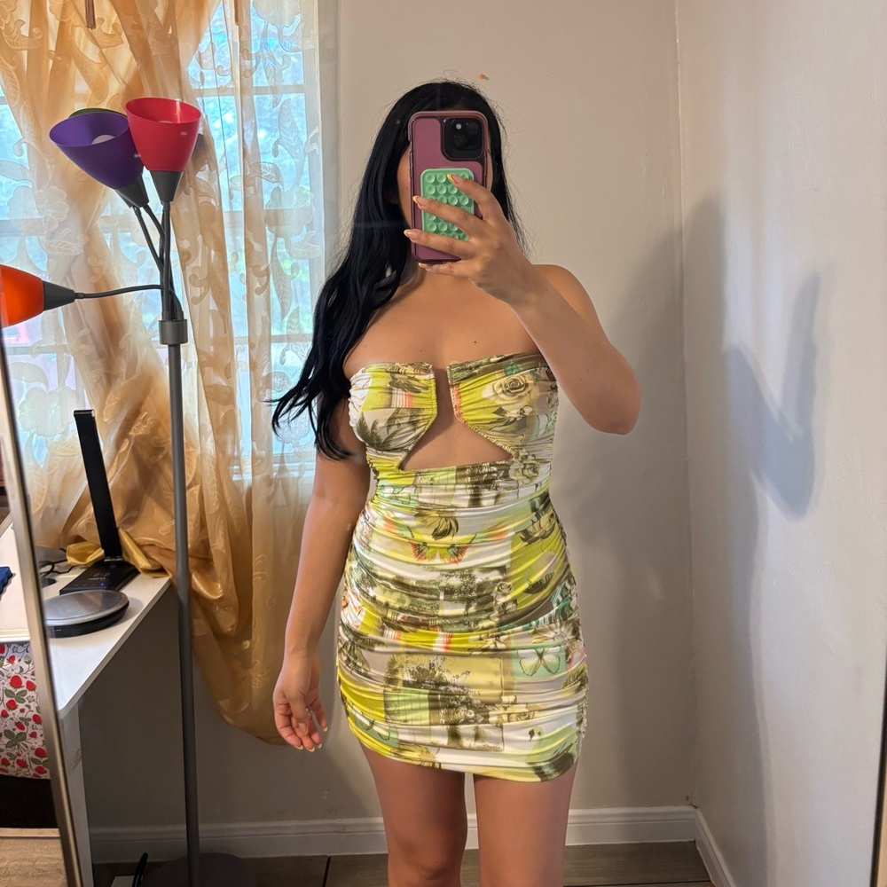 Green mixed print Strapless Mini Dress urban outfitters